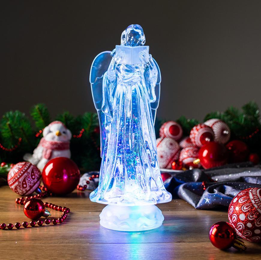 Dekorácia MagicHome Vianoce, Anjel, LED, meniaca farby, s plávajúcimi trblietkami, PE, 3xAAA, 10x25 cm