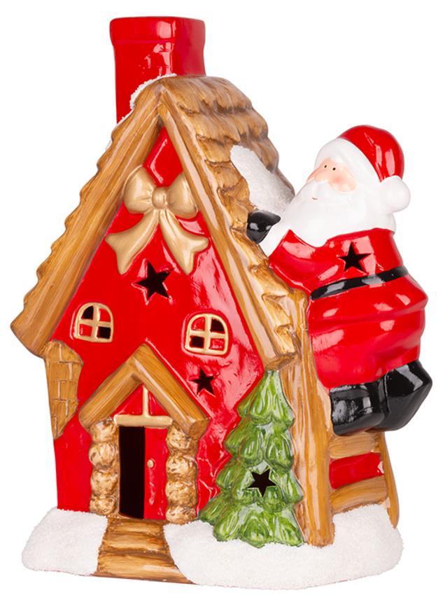 Dekorácia MagicHome Vianoce, Domček so santom na streche, LED, terakota,27x13x34 cm