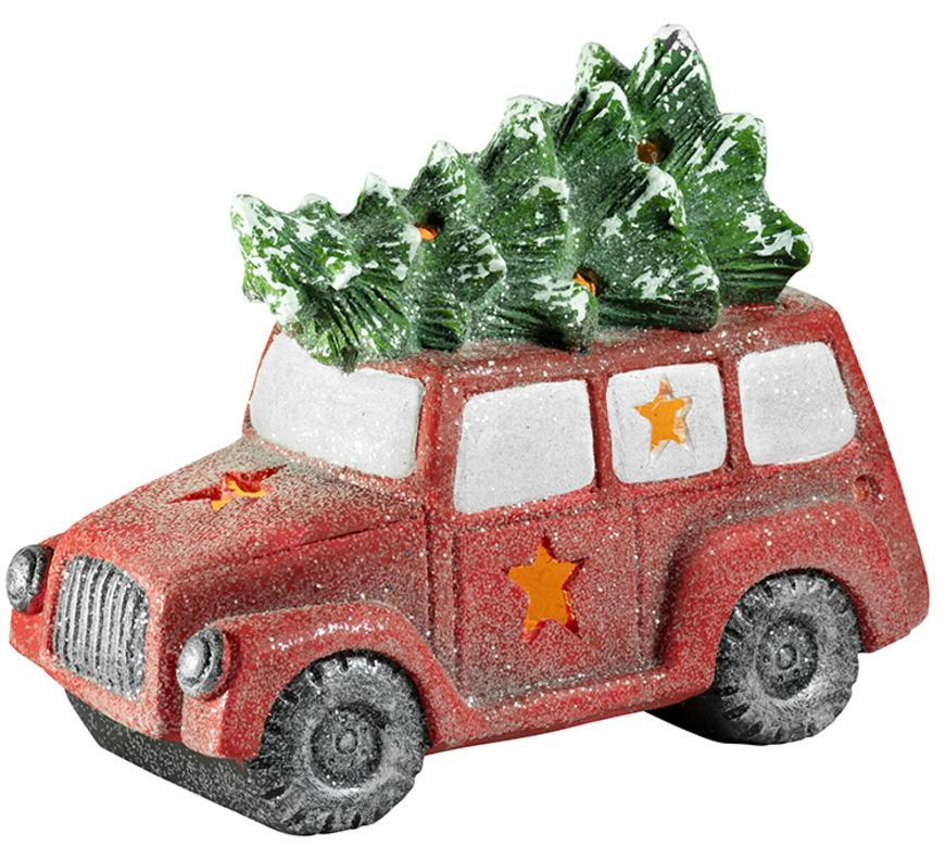 Dekorácia MagicHome Vianoce, Minivan so stromčekom, 1 LED, 3xAAA, keramika, 35x19x29 cm