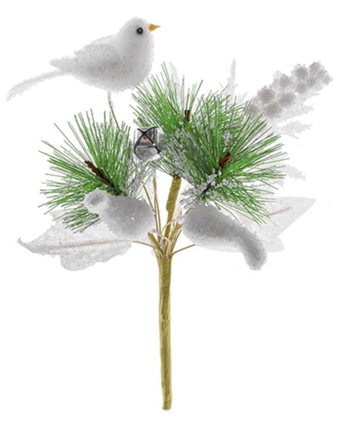 X Vetvička MagicHome Vianoce, s vtáčikom, biela 18 cm, bal. 6 ks