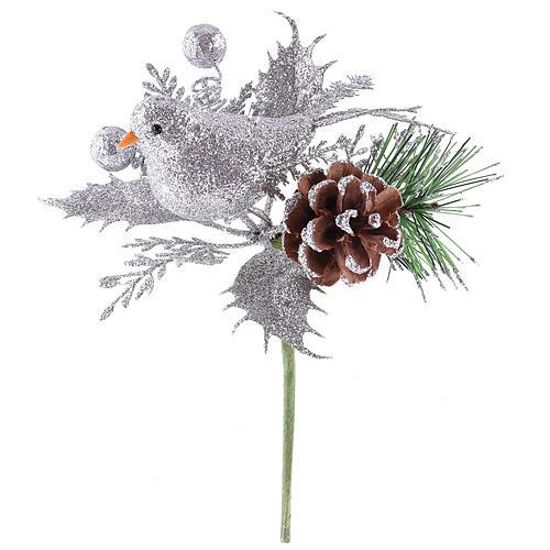 Vetvička MagicHome Vianoce, s vtáčikom, strieborná 17 cm, bal. 6 ks
