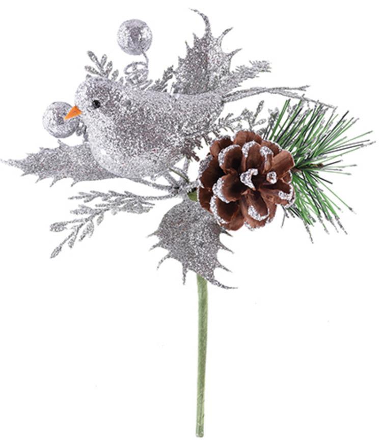 X Vetvička MagicHome Vianoce, s vtáčikom, strieborná 17 cm, bal. 6 ks