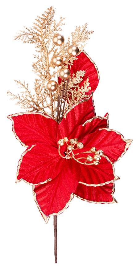 Kvet MagicHome Vianoce, Poinssetia, červený so zlatým lemovaním, stonka, 31 cm