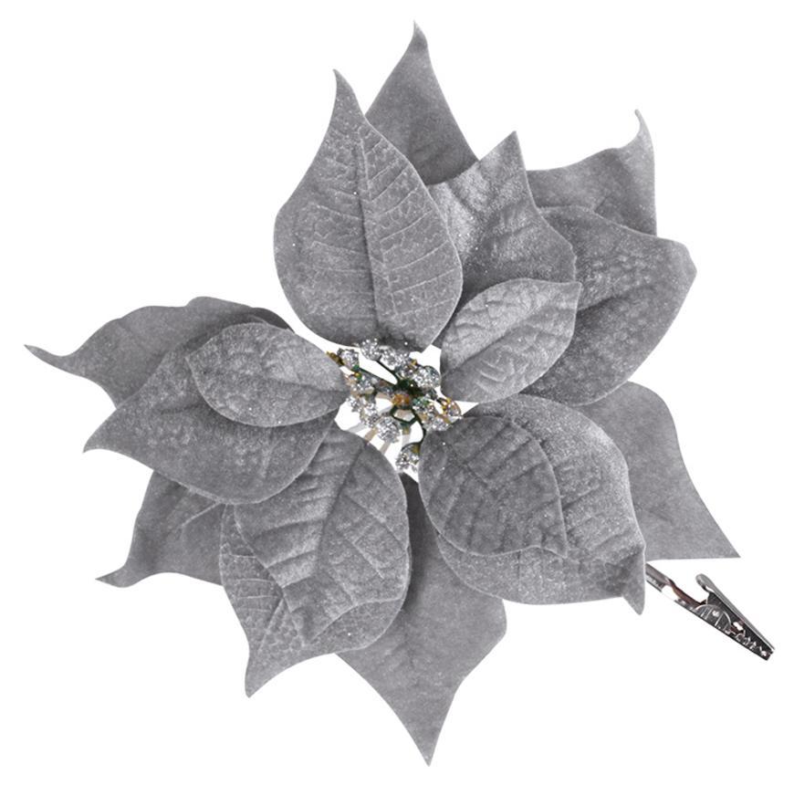 Kvet MagicHome Vianoce Poinsettia, so štipcom, strieborný, veľkosť kvetu: 25 cm, dĺžka kvetu: 26 cm, bal. 6 ks