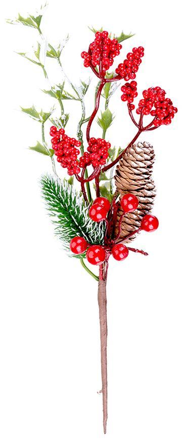 Vetvička MagicHome Vianoce, s bobuľkami a šiškami, červená, zasnežená, 27 cm
