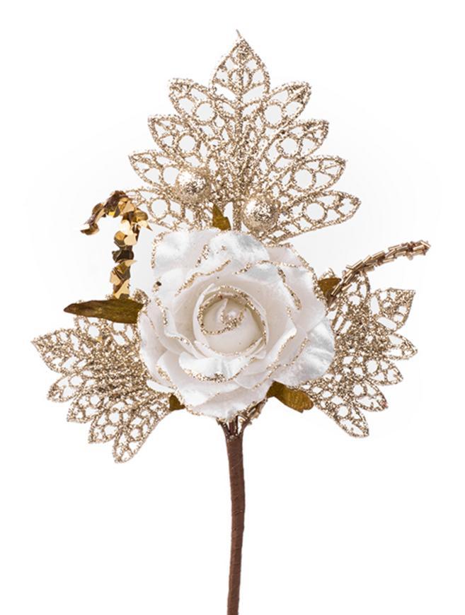 X Vetvička MagicHome Vianoce, s ružou, bielo - zlatá, 26 cm, bal. 6 ks
