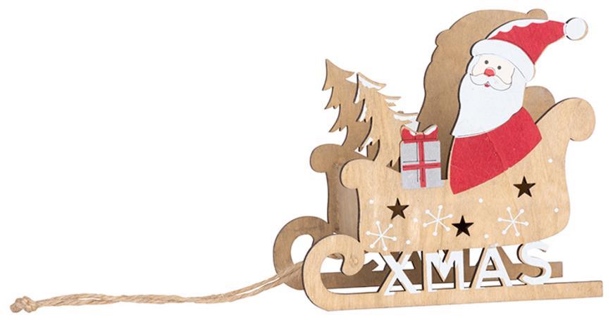 Dekorácia MagicHome Vianoce Woodeco, Santa v saniach, 17x16x9 cm