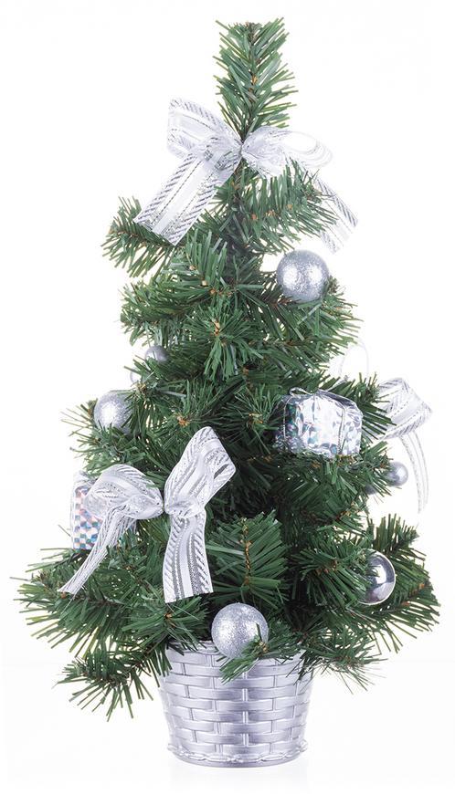 Stromček MagicHome Vianoce, ozdobený, strieborný, mašľa, 40 cm