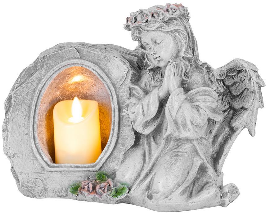 Dekorácia MagicHome, Anjel modliaci so sviečkou, LED, polyresin, na hrob, 28x13x21,5 cm