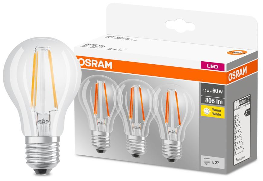 Žiarovka OSRAM® BASIC LED FIL Star (ean9290) CLASS A E27 060, 7W/827 2700K non-dim MULTIPACK bal. 3 ks, číra
