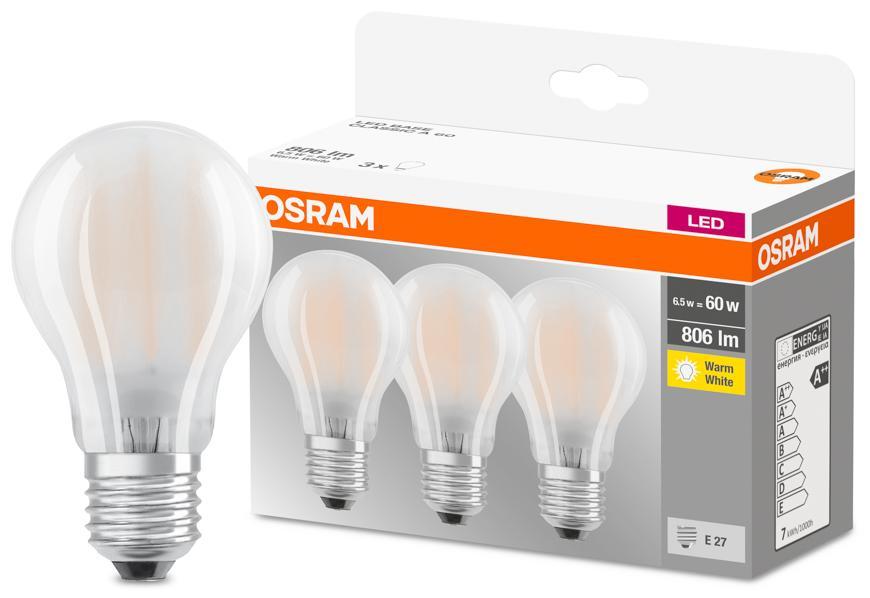 Žiarovka OSRAM® BASIC LED FR 060 (ean9351) non-dim 7W/827 E27 2700K MULTIPACK bal. 3 ks, Star CLASSIC A