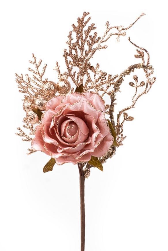 X Vetvička MagicHome Vianoce, s ružou, ružovo - zlatá, 26cm, bal. 6 ks