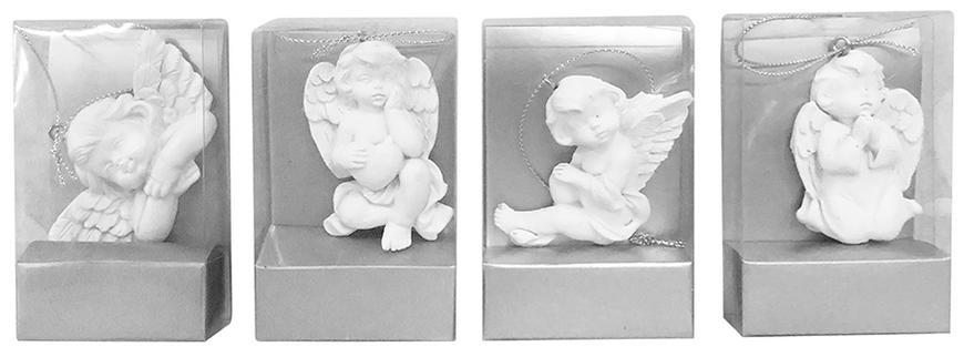 Dekorácia MagicHome, závesný anjel, polyresin, bal. sellbox 24 ks (mix. 4 vzorov), 5 cm