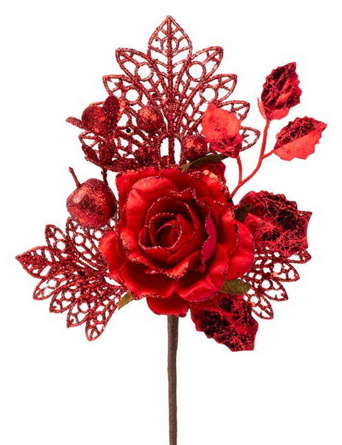 X Vetvička MagicHome Vianoce, s ružou, červená, 25,5 cm, bal. 6 ks