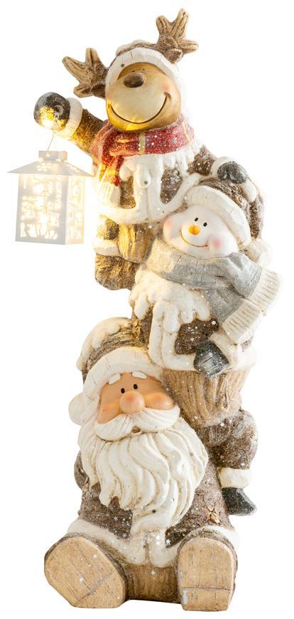 Dekorácia MagicHome Vianoce, Santa, sob a snehuliak s lampášikom, 1 LED, 2xAAA, keramika, 29x24x66 cm