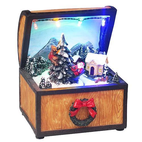 Dekorácia MagicHome Vianoce, Truhlica, 4 LED multi, polyresin, 3xAA, interiér, 10x10x13 cm