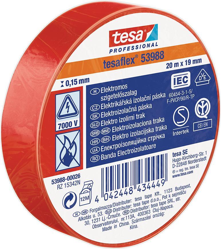 Páska tesa® PRO tesaflex®, elektroizolačná, lepiaca, sPVC, 15 mm, červená, L-10 m