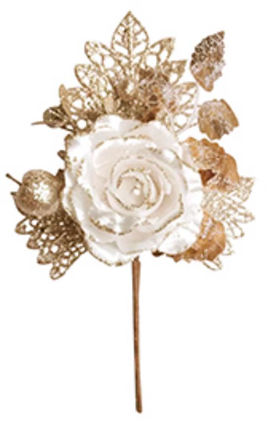 X Vetvička MagicHome Vianoce, s ružou, krémová, 25,5 cm, bal. 6 ks