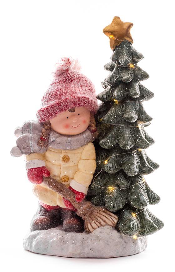 Dekorácia MagicHome Vianoce, Dievčatko pri stromčeku, 25 LED, 2xAA, keramika, 32x28x55 cm