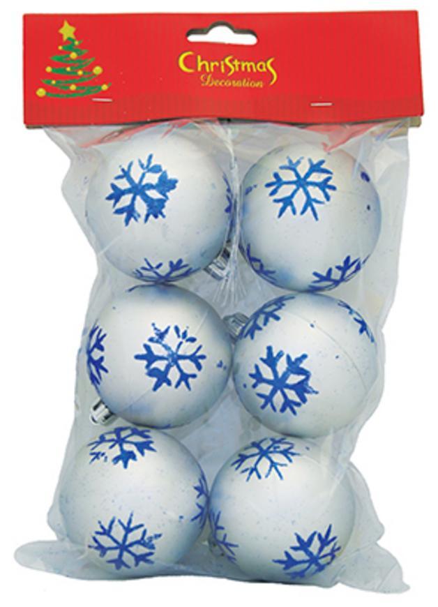 Gule MagicHome Vianoce, 6 ks, strieborné s modrými vločkami, 6 cm