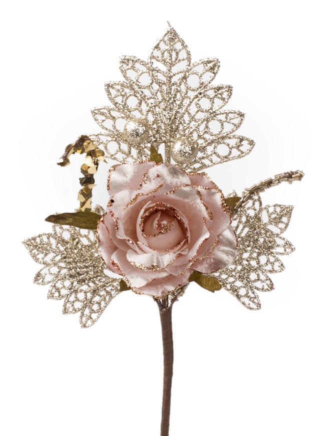 Vetvička MagicHome Vianoce, s ružou, ružovo - zlatá, 26 cm