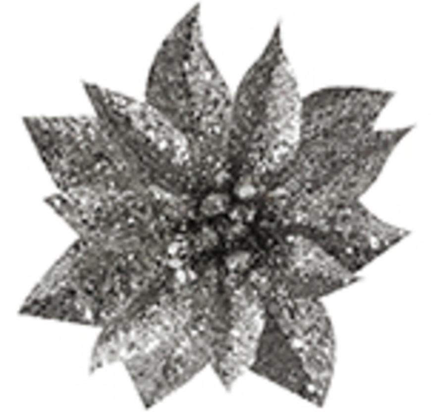 Kvet MagicHome Vianoce GlitterPoinsettia, so štipcom, strieborný, veľkosť kvetu: 9 cm, dĺžka kvetu: 8 cm, 6 ks