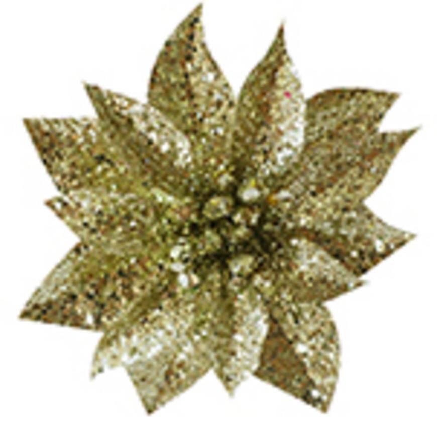 Kvet MagicHome Vianoce GlitterPoinsettia, so štipcom, zlatý, veľkosť kvetu: 9 cm, dĺžka kvetu: 8 cm, 6 ks
