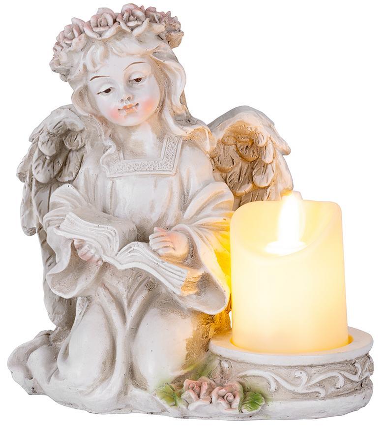 Dekorácia MagicHome, Anjel s knihou a sviečkou, LED, polyresin, na hrob, 17,5x14,5x17,5 cm