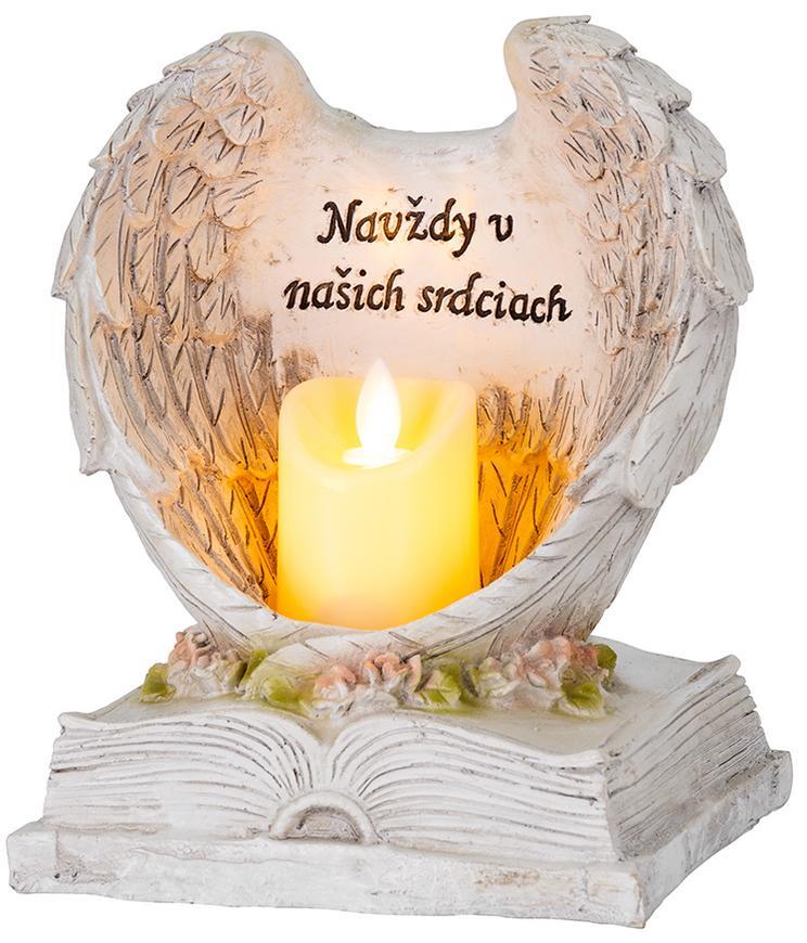 Dekorácia MagicHome, Anjelské krídla na knihe so sviečkou, LED, polyresin, na hrob, 18x13,5x20 cm