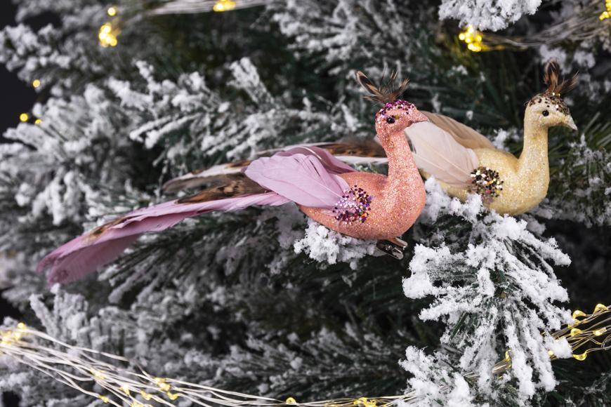 Vták MagicHome Vianoce, žltý páv so štipcom, 23 cm