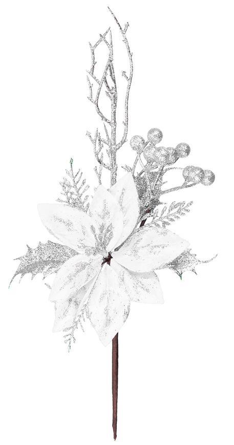 Vetvika MagicHome Vianoce, s kvetom, strieborn, 27 cm