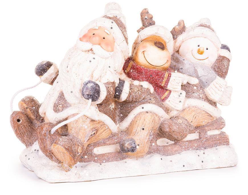 2. TRIEDA Dekorácia MagicHome Vianoce, Santa, sob a snehuliak na saniach, keramika, 45x23x34,50 cm