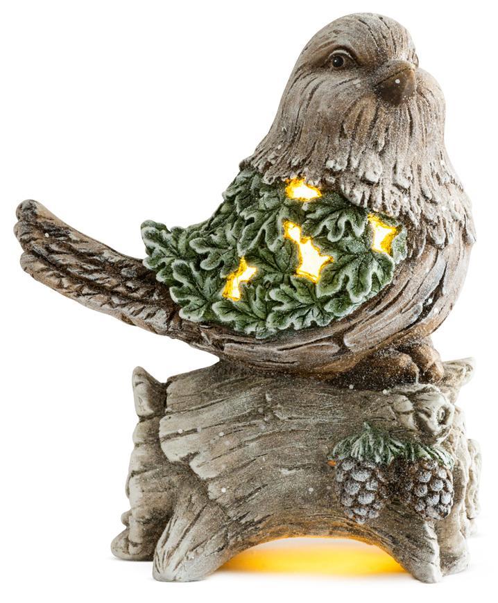 Dekorácia MagicHome Vianoce, Sýkorka na kmeni, 9 LED, 3xAAA, keramika, 22x21,50x40 cm