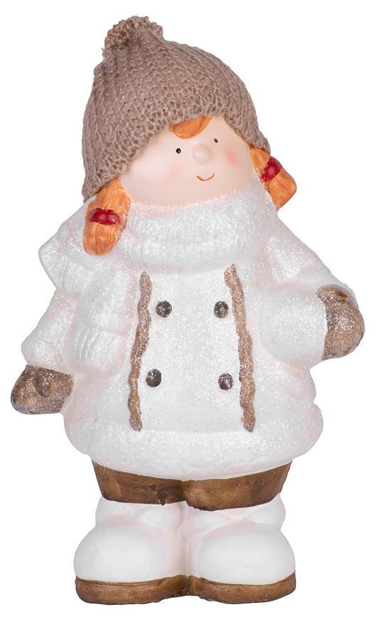 Postavička MagicHome Vianoce, Dievčatko bacuľaté s vrkočami a čiapočkou, terakota, 29 cm