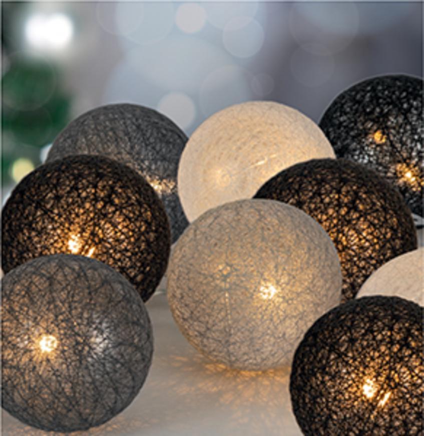 Reťaz MagicHome Cotton Balls 3 shades, 10 LED, PE/bavlna, 2xAA, jednoduché svietenie, osvetlenie, L-1,35 m