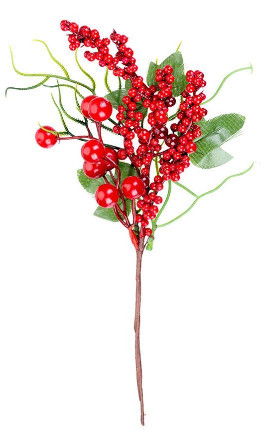 Vetvička MagicHome Vianoce, s bobuľkami, červená, 32 cm