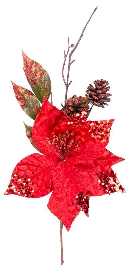 Vetvička MagicHome Vianoce, s kvetom poinsettia, červená, 34 cm