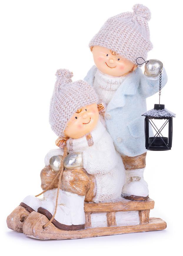 2. TRIEDA Postavička MagicHome Vianoce, Chlapček s dievčatkom na saniach, keramika, 34x24x46,5 cm
