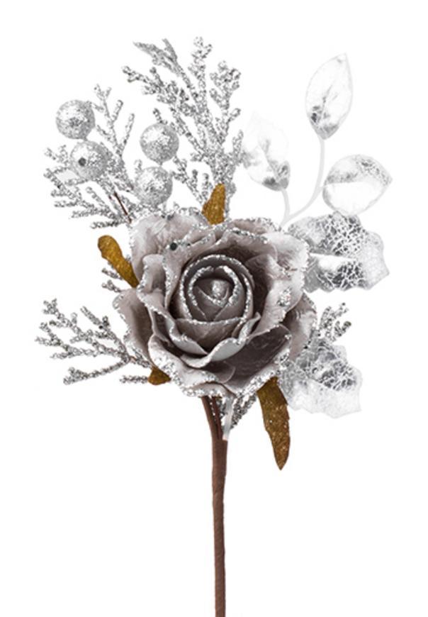 X Vetvička MagicHome Vianoce, s ružou, sivá, 26 cm, bal. 6 ks