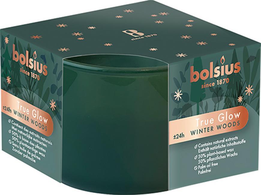 Sviečka Bolsius True Glow, Vianočná, v skle, rastlinný vosk, vôňa zimnej dreviny, 24 hod., 63x90 mm
