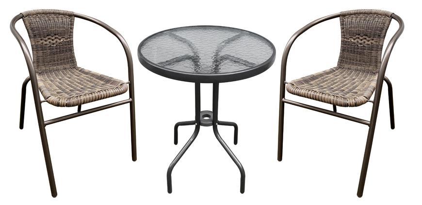Set balkónový NESTA, ratan hnedý, stôl 71x60 cm, 2x stolička 59x53x73 cm
