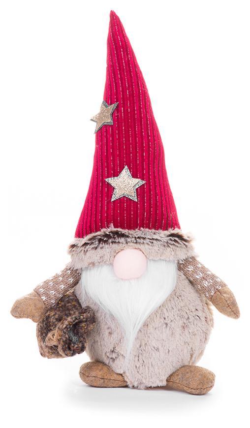 Postavička MagicHome Vianoce, Škriatok s krátkymi nohami a dlhou bradou, látkový, červeno-hnedý, 19x13x35 cm