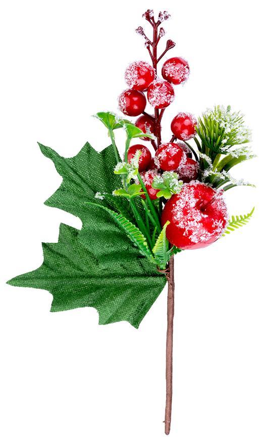Vetvička MagicHome Vianoce, s bobuľkami a jabĺčkom, červená, efekt mrazu, 22 cm
