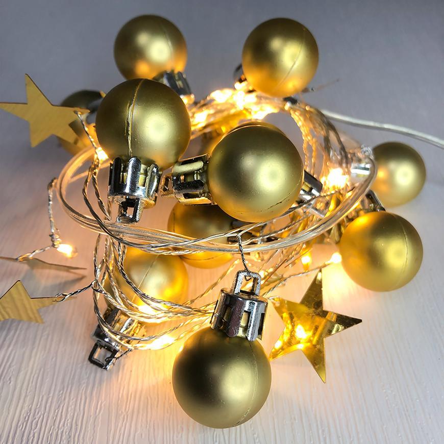 Reťaz MagicHome Vianoce Ball, 20 LED teplá biela, s guľami a hviezdami, zlatá, 2xAA, jednoduché svietenie, osvetlenie, L-1,9 m