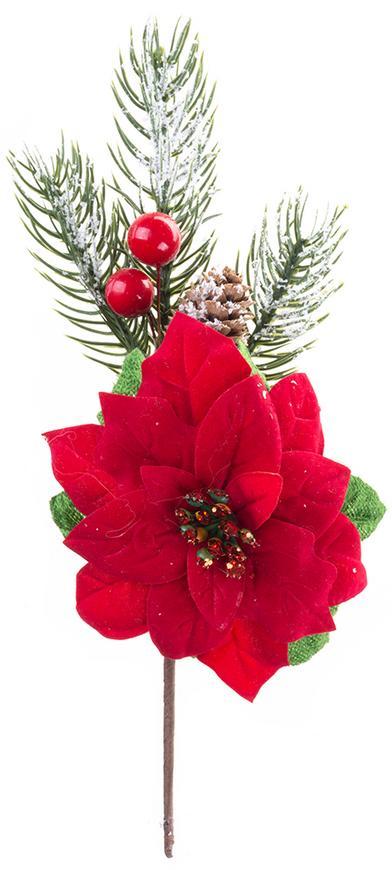 X Vetvička MagicHome Vianoce, s kvetom poinsettia, červená, 22 cm, bal. 6 ks