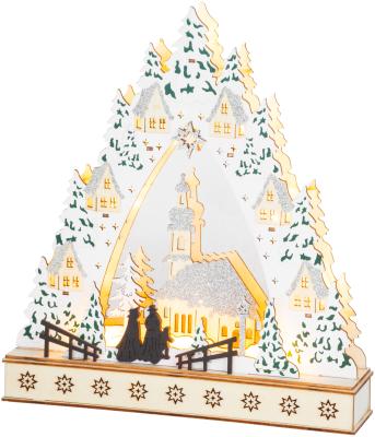 Dekorácia MagicHome Vianoce, Dedinka s kostolom, LED, MDF, 30x7x33,5 cm, 2x AAA