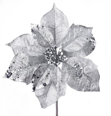 Kvet MagicHome Vianoce Poinsettia GlitterSilver, strieborná, stonka, veľkosť kvetu: 23 cm, dĺžka kvetu: 20 cm, bal. 6 ks