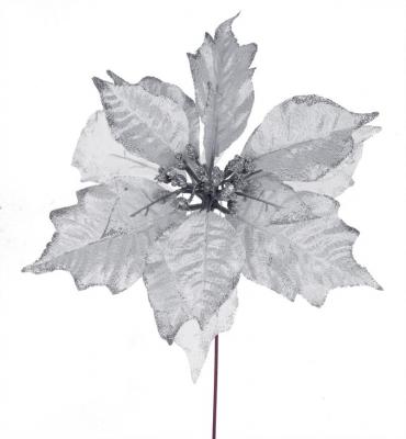 Kvet MagicHome Vianoce Poinsettia Glitedgeer.Silver, strieborná, stonka, veľkosť kvetu: 23 cm, dĺžka kvetu: 25 cm, bal. 6 ks