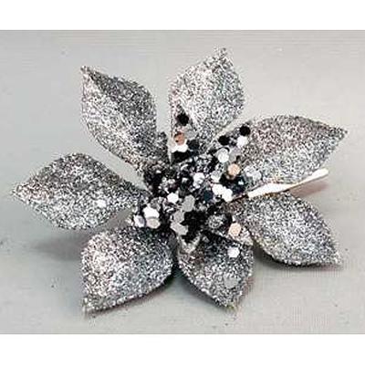 Kvet MagicHome Vianoce Poinsettia Gliterclip.Silver, strieborná, 10 cm