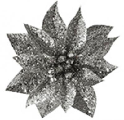 X Kvet MagicHome Vianoce GlitterPoinsettia, so štipcom, strieborný, veľkosť kvetu: 9 cm, dĺžka kvetu: 8 cm, 6 ks
